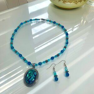 Blue Glass Bead Necklace & Earrings Set – Boho Statement Jewelry